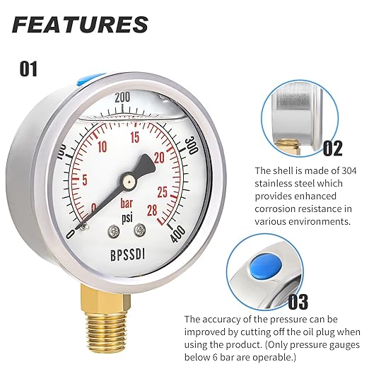0-400 Psi Glycerin Liquid Filled Pressure Gauge, 2.5" Dial Size, 1/4" NPT Lower Mount, 304 Stainless Steel Case, for Pool Pump Sand Filter Air Compressor, Water Oil Air Pressure Test