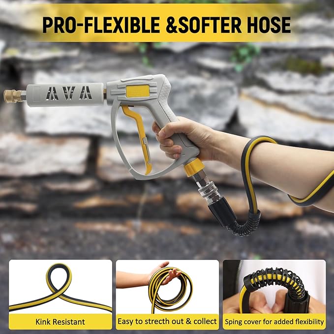 Flexible Pressure Washer Hose 25ft - 1/4" Non Kinking Power Washer Hose For Pressure Washer,3600psi M22-14mm High Pressure Hose Extension