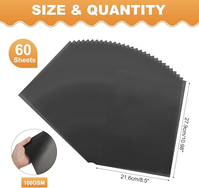MECCANIXITY 60 Sheet Colored Vellum Paper 8.5" x 11", 100gsm Translucent Printable Vellum Sheets for Printing Wedding Invitations Inkjet Laser Printer, Black