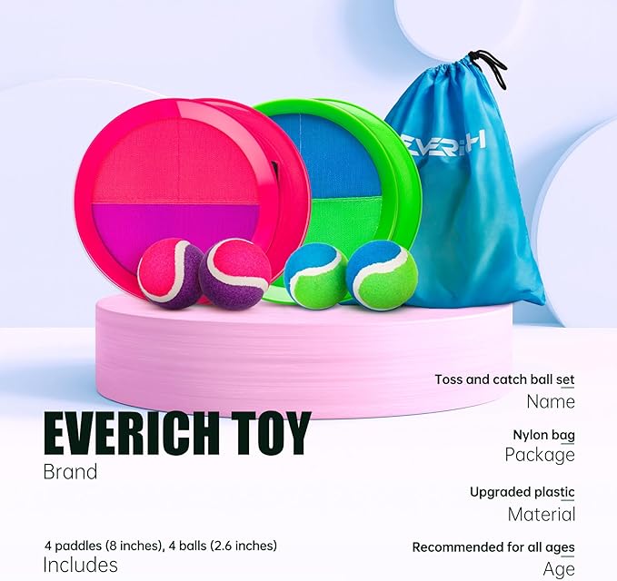 EVERICH Upgraded Toss and Catch Ball Game Set - Indoor and Outdoor Games for Kids 3-12, Beach Sand Pool Water Toy Includes 4 Paddles 4 Sticky Balls, Great Birthday Easter Gifts for Boys Girls