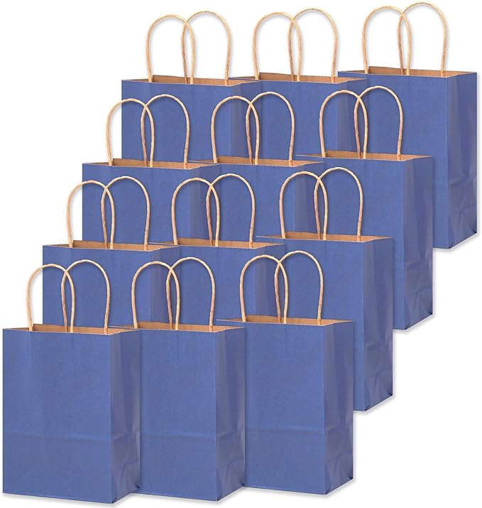 qiqee 32-Packs Deep Blue Paper Gift Bags with Handles Bulk 7.6"x4.75"x10.5" Medium Size Gift Bags Multiple Uses