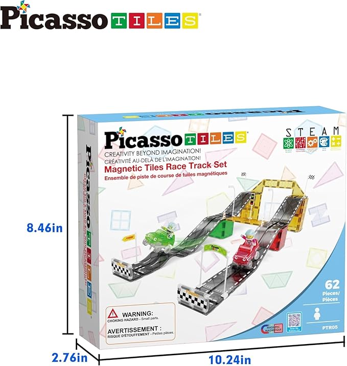 PicassoTiles Magnet Tile Race Car Track Construction Building Block Toy Kit with Character Action Figures and Racing Cars Magnetic Tiles STEM Educational Learning Pretend Play Blocks Kids Age 3+ PTR05