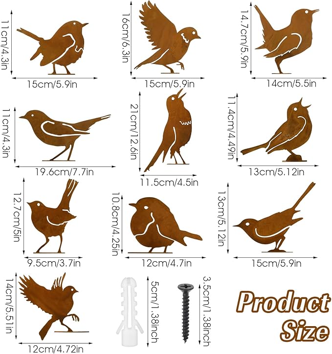 DIVINA VITAE 10Pcs Rusty Birds Decoration Lifelike Metal Birds Yard Art Simulation Bird Statue Yard Garden Decor for Outdoor Sculptures Art Fence Decorations