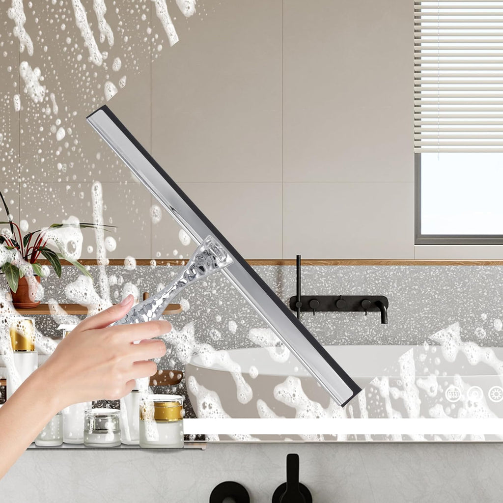 12" Silver Shower Squeegee with Hammered Handle & Waterproof Hook for Glass Doors, Silicone Bathroom Tile Wall and Car Window - Streak-Free Handheld Squeegee