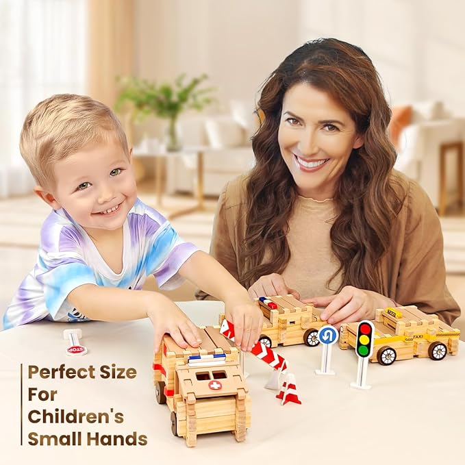 Jovi-mindly＆Notchies Wooden Blocks Train Set 101 PCS Create 40+ Shapes,Toys Educational Wooden Building Blocks Puzzles for Kids Ages 5-8 Boys and Girls,Truck/Excavator,FSC Certified,Graduate Gifts