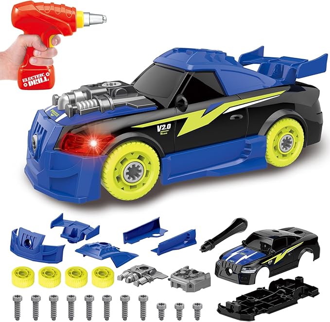 Take Apart Toy Racing Car for Kids Age 3+ Year Old, 2 in 1 Build Your Own Car with Realistic Sounds & Lights, Construction Vehicle Toys with Electric Drill, Ideal Gitfs for Boys(4 Spare Screws)