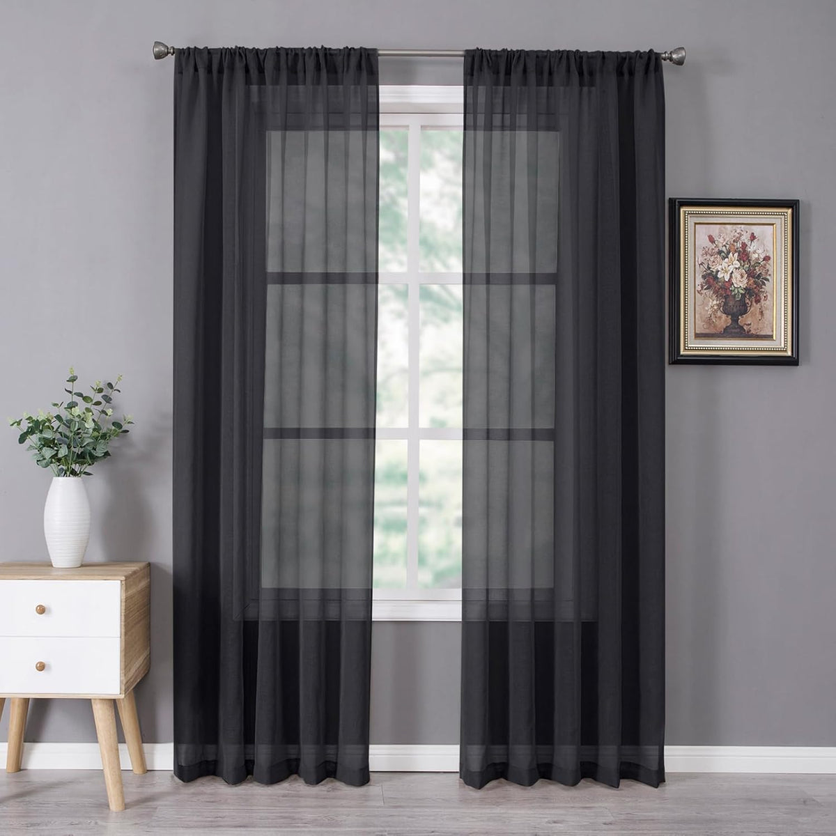 Tollpiz Sheer Curtains Bedroom Linen Textured Curtain Sheers Light Filtering Voile Rod Pocket Curtains for Living Room, 38 x 84 inches Long, Black, Set of 2 Panels