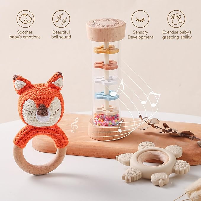 Youuys Wooden Baby Rattle Set (3pcs) - Crochet Rattle Rain Stick Teething Toys, Wooden Montessori Toy for Newborn Infant Baby Rattles Set Toys 3-6 Months (Fox)