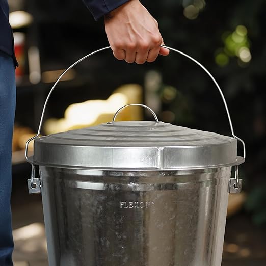 Plexon 10 Gallon Trash Can with Locking Lid Galvanized Metal Bucket for Poultry Feed Bird Seed Storage Ash Outside Garbage Can with Lid, 3 Pack