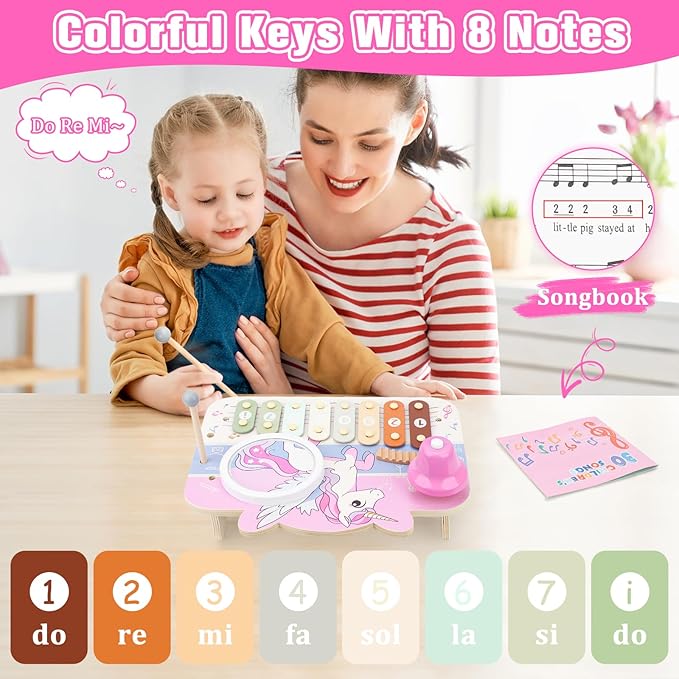 Kids Piano Musical Toys - 5 in 1 Wooden Music Instruments Montessori Toys for Baby Toddler, Sensory Toys with Drum Xylophone, Preschool Educational Toys, Birthday Gifts for Girls Boys Pink