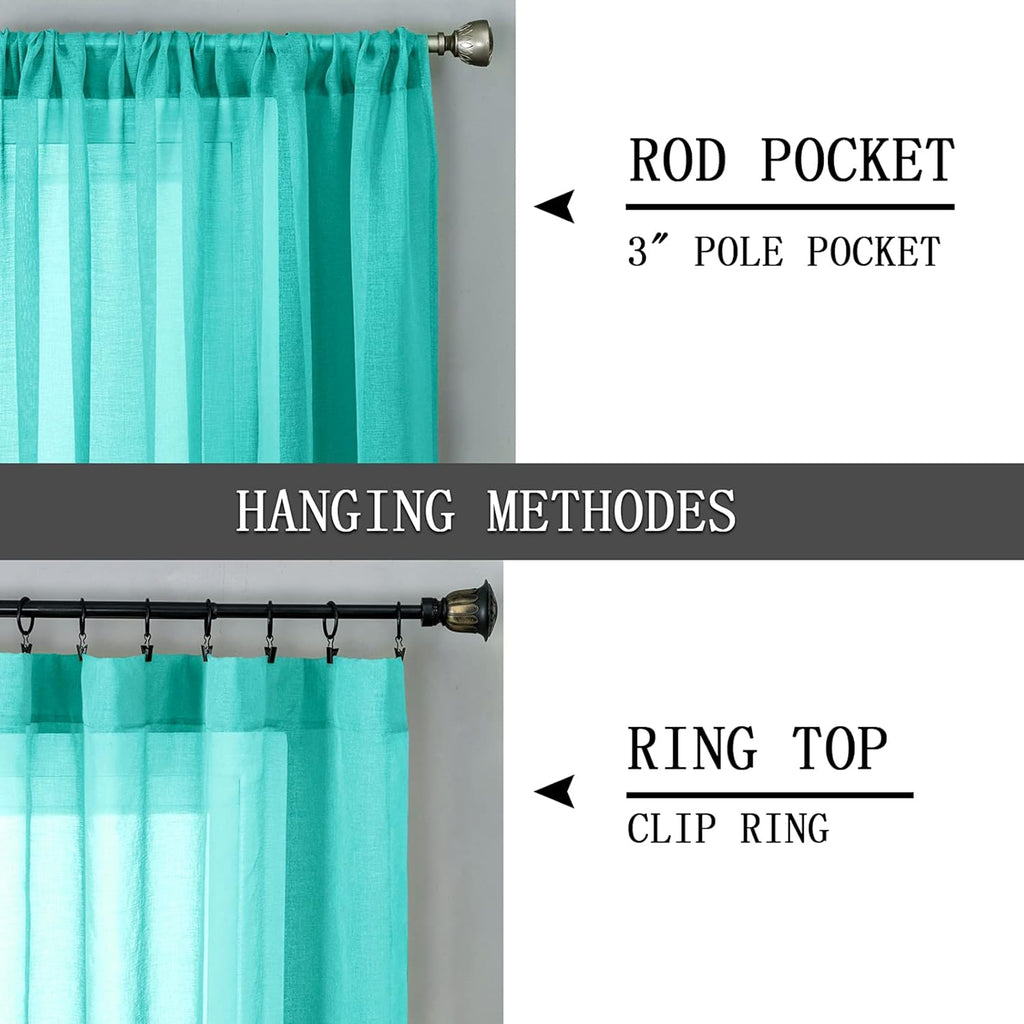 Tollpiz Short Sheer Tier Curtains Linen Textured Half Kitchen Curtain Sheers Light Filtering Rod Pocket Voile Small Curtain for Bathroom, 25 x 24 inches Long, Aqua Blue, Set of 2 Panels