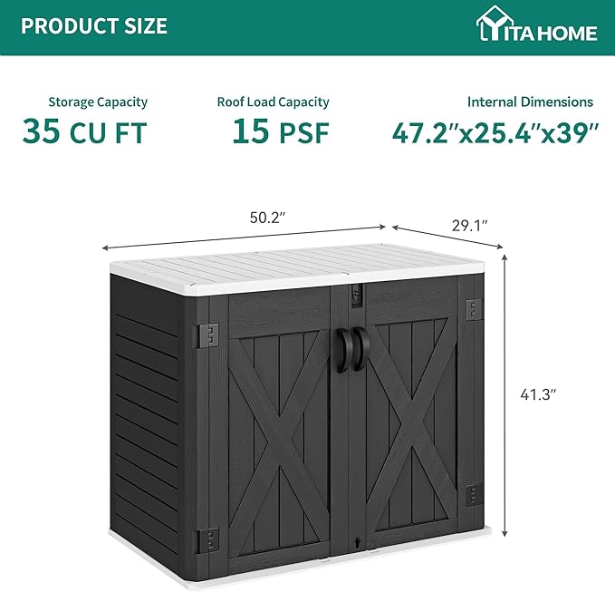 YITAHOME Outdoor Horizontal Storage Shed with X-Shaped Lockable Door, 35 Cu Ft Weather Resistant Resin Tool Shed w/o Shelf, Ideal for Bike, Trash Cans, Garden Tools, Lawn Mowers, Dark Gray