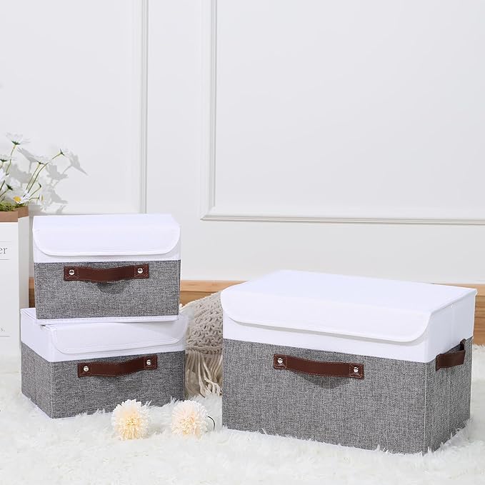 ANMINY 4PCS Storage Boxes with Lid Washable Decorative Storage Bins Basket with PU Leather Handle Foldable Linen Fabric Storage Cubes Containers for Home Closet Organizer - Gray White, Small Size