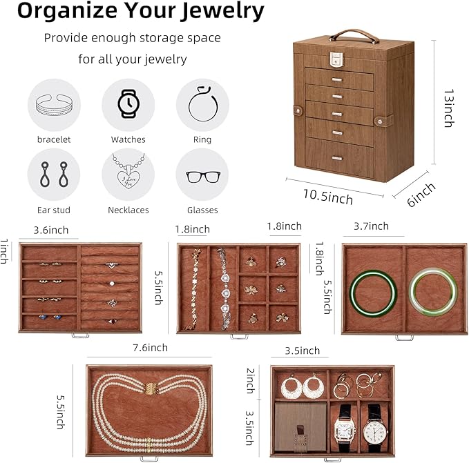 6 Tier Jewelry Box, Jewelry Case with 5 Drawers, Large Storage Capacity, with Mirror, Lockable, Jewelry Storage Organizer, Gift for Loved Ones