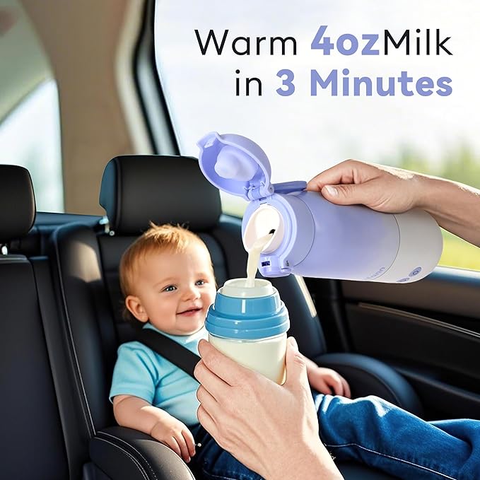 Portable Bottle Warmer for Travel, Dual Heating Modes for Breastmilk & Water On The Go, Portable Bottle Milk Warmer with Fast Heating & Long Battery Life, 10 Ounces Large Capacity (Purple)