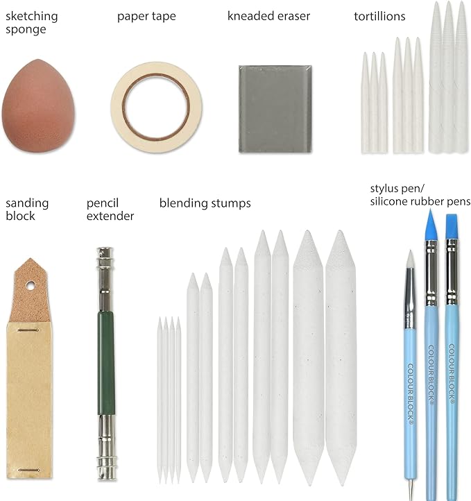 COLOUR BLOCK 30pcs Sketching Tool Set with Soft Pastels Drawing Art Blenders, Blending Stumps, Tortillions, Sandpaper, Sketch Pencil Extender, Rubber Pens