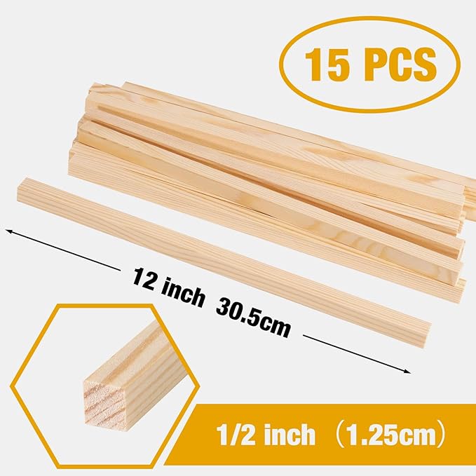 1/2" x 12" Square Wood Dowels Wooden Dowel Rods for Crafting, 15 PCS Square Wood Sticks for Crafts, Unfinished Pine Hardwood Sticks for Woodworking Models Making Dollhouses Miniatures