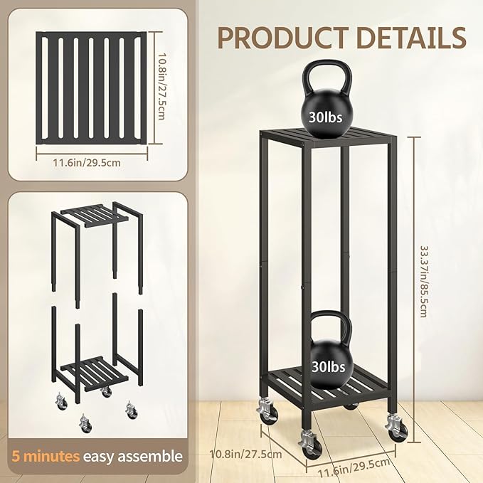 LASZOLA 2 Tier Black Metal Plant Stand Indoor Outdoor with Wheel for Large Planter, Modern Heavy Duty Tall Rolling Rack for Corner House Bathroom Patio Floor, Iron Flower Shelf Holder for Orchid Fern