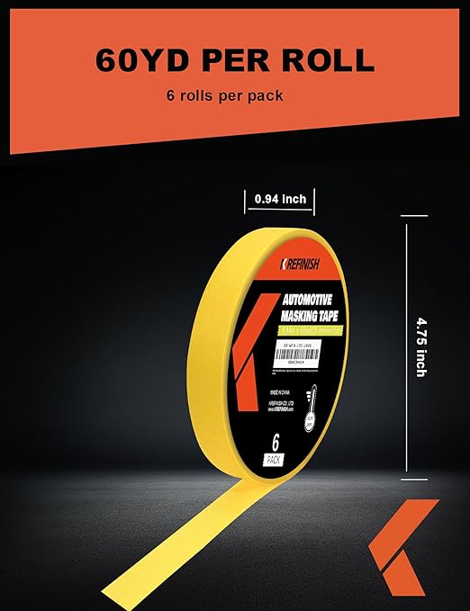 Painters Tape for Cars Vehicles Paint Tape Auto Body Yellow Masking Tape Heat Resistant Automotive Removable No Residue Painting Tape Bulk Set for Paint Booth, 0.94in-60 yards/6rolls