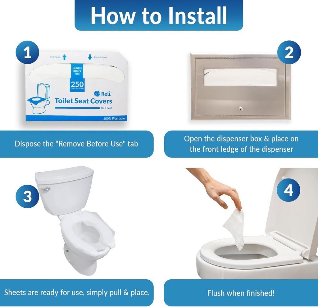 Reli. Toilet Seat Covers (1250 Pcs, 5 Packs of 250) | Disposable Toilet Seat Cover - Flushable - 14x16" (Half-Fold) | Paper Liners for Restroom, Bathroom, Travel, Camping, Kids Potty Training