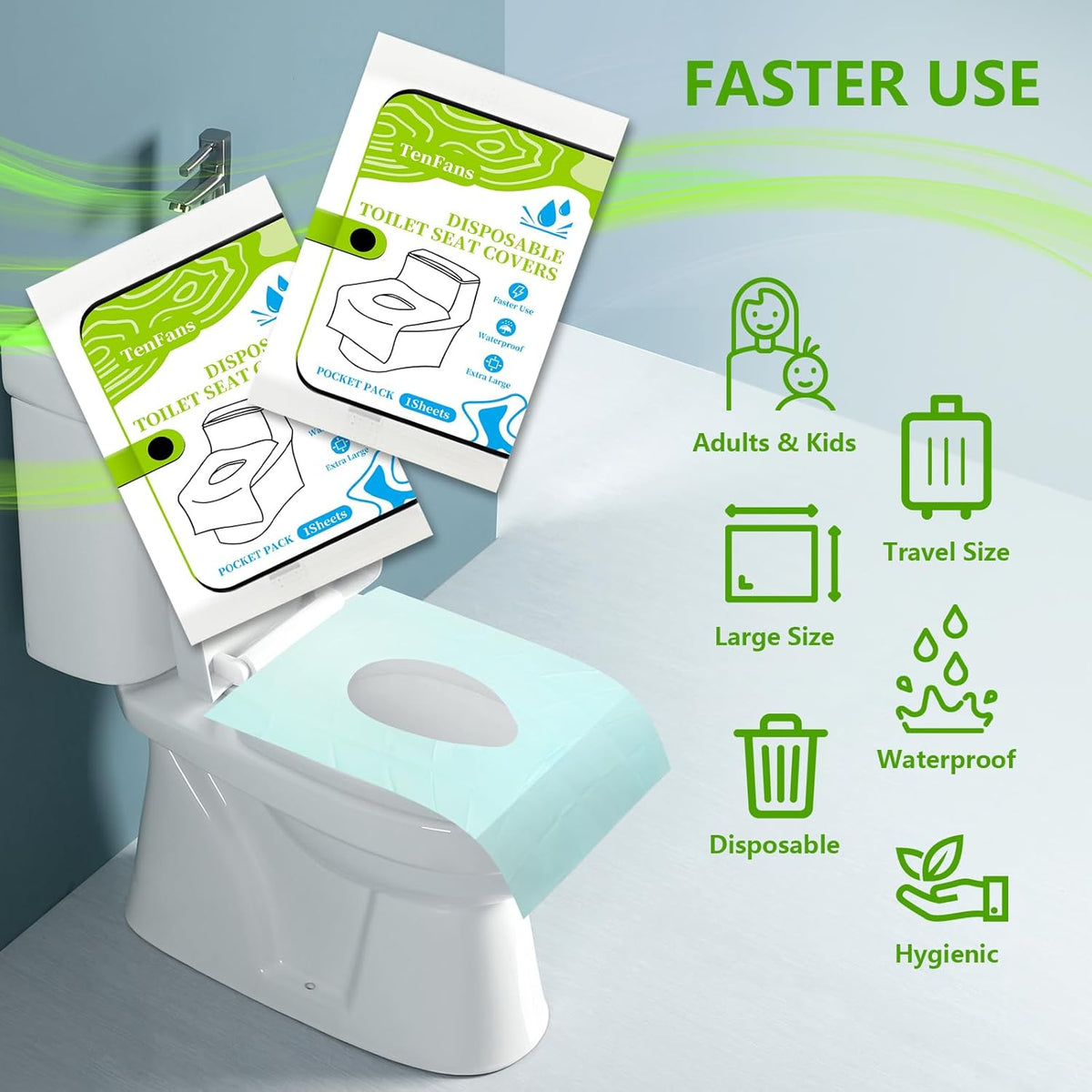 TenFans Toilet Seat Covers Disposable - 30 Count Individually Travel Pack - Sticker Free Faster Use - Waterproof XL Covers for Adults and Kids - Travel Accessories Public Restrooms, Camping, Airplane