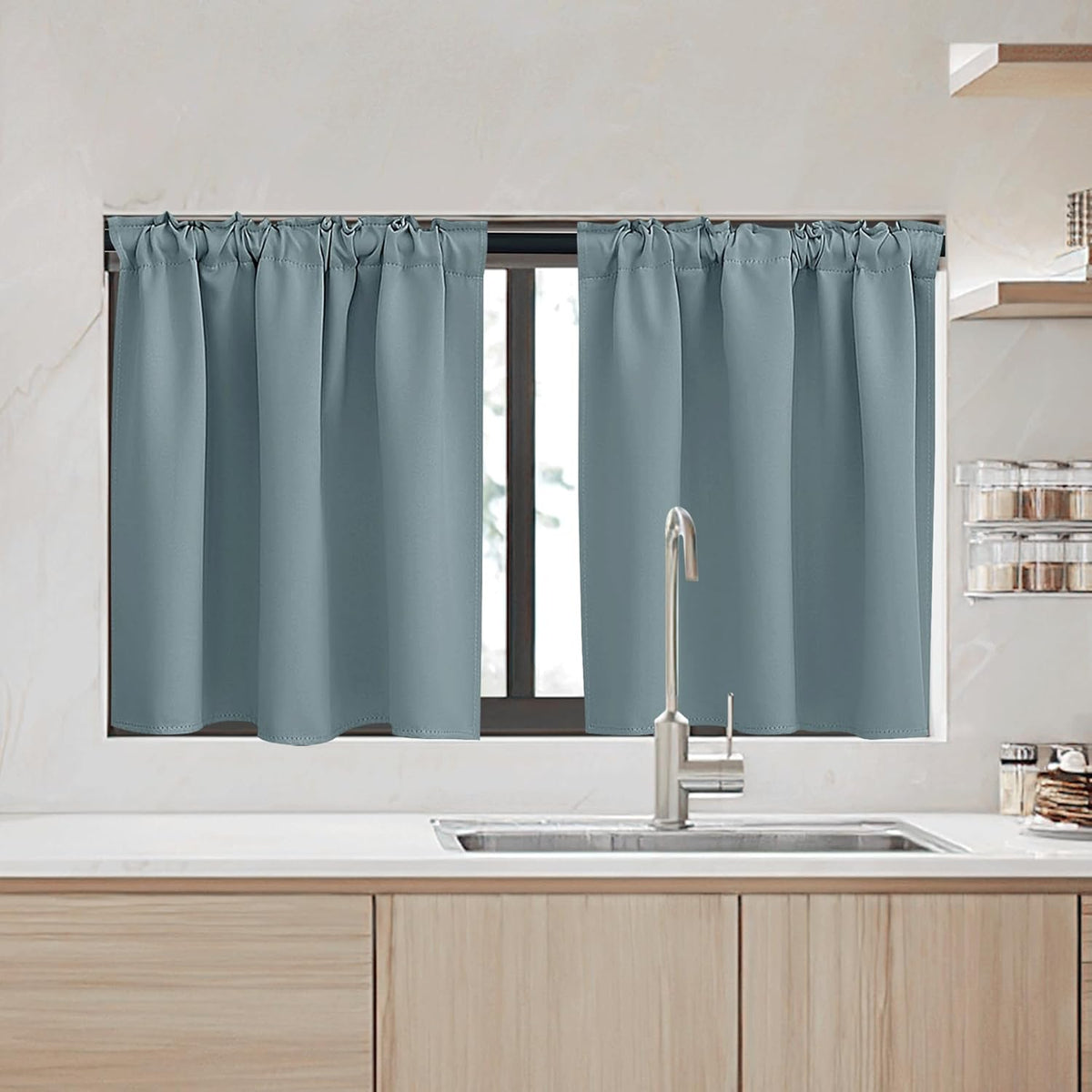 RYB HOME Kitchen Window Curtains - Blackout Privacy Half Window Curtains for Bedroom Bathroom Dining Living Room Cafe Office Short Tiers Drapes, W 34 x L 36 inches, 2 Panels, Dusty Blue