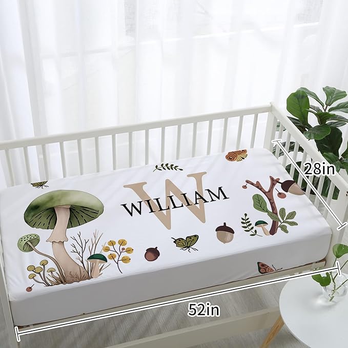Personalized Baby Crib Bedding Set for Baby Boys Girls, Mushroom Design Custom Name Baby Crib Sets 5-Pcs, Toddler Double Layer Blanket Fitted Sheets Changing Pad Cover Rug Wall Art Set