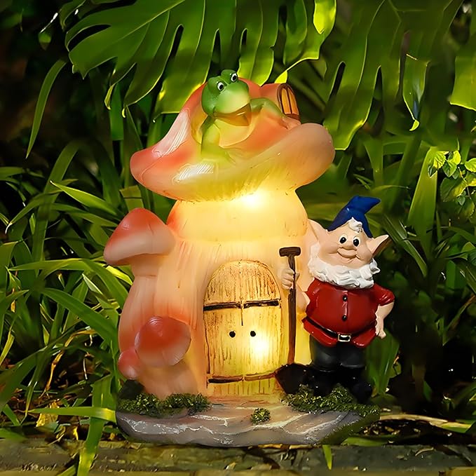 VINIUSIKI Garden Statues Mushroom House Gnome with Solar Light, LED Outdoor Fairy House Statue for Lawn,Balcony-Yard Art Patio Decor, Outdoor Easter Decorations Gifts for Mom Women