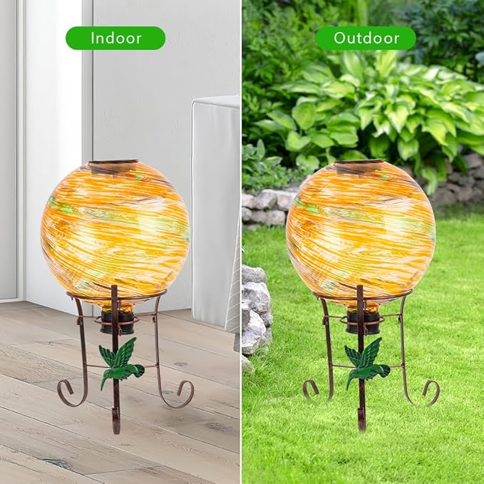 10" Diameter Solar Gazing Ball and 8.5" Metal Stand Indoor Outdoor Garden Ornament Glass Globe Sphere Yard Art Gazing Globe for Garden,Home,Lawn,Porch,Patio Birthday Gift for Women(Orange)