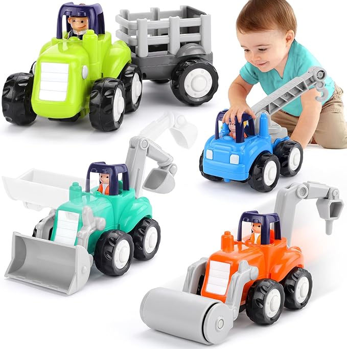 Inertia Trucks Toy Cars, Early Educational Baby Boy Toys 18 Months, Push and Go Cars Gifts for Boys & Grils, 4PCS Construction Vehicles for Toddler Outdoor & Indoor