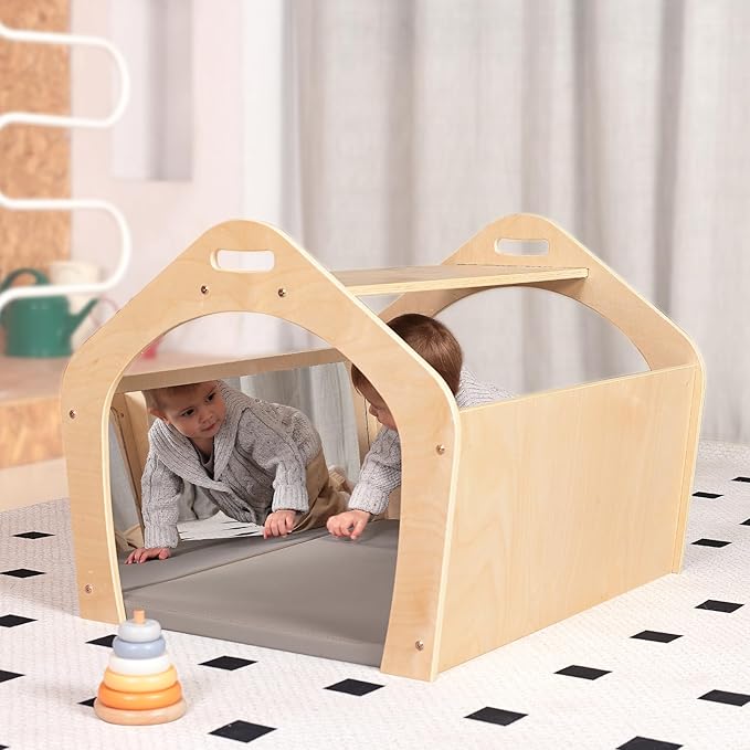 Wooden Playhouse for Toddlers w/Double Non-Shatter Safety Mirrors, Montessori Crawling Tunnel/Crawl-Through Play Set for Children and Kids, Daycare and Preschool Playroom(with Cushion)