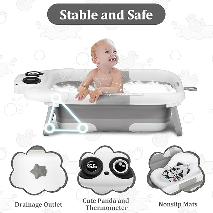 Foldable Baby Bathtub, Lightweight Bathtub for Infants to Toddlers with Soft Cushion & Thermometer, Portable Baby Tub Newborn to Toddler 0-36 Months(Grey)
