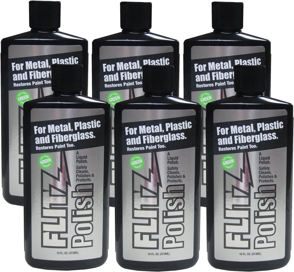 Flitz Multi Purpose Metal Polish Liquid - 16oz Bottle of USA-Made Tarnish Remover - For Aluminum, Chrome, Brass, Nickel, Silver - Non-Abrasive Metal Cleaner and Polish, Restorer (6 Pack)