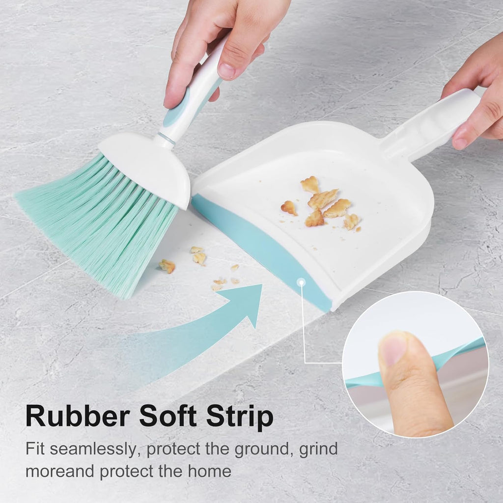 NACENA Small Dust Pan and Brush Set, Mini Broom and Dustpan Set Small Hand Broom and Brush Combo Dust Pan with Teeth for Home Cleaning Drawers Desktop Sofas Pet Care and Outdoor, Blue