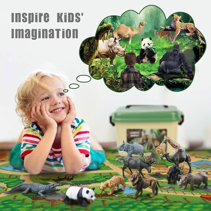 Mini Tudou 12 Pcs Safari Animals Figures Toys w/ 57x38.6’’ Large Activity Play Mat, Realistic Jumbo Jungle Wild Zoo Animals Figurines Playset w/Elephant, Giraffe, Lion for Kids Boys