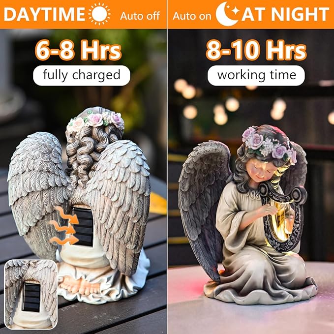 Solar Garden Outdoor Statues Lights, Resin Angel Figurine Light for Patio, Balcony, Yard, Lawn Ornament, Unique Housewarming Gifts and Yard Decor (Angel Plays)