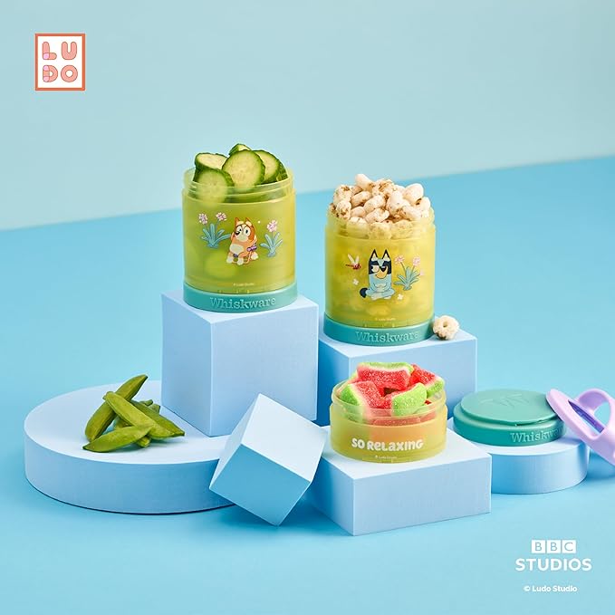 Whiskware Bluey Stackable Snack Containers for Kids and Toddlers, 3 Stackable Snack Cups for School and Travel, Bluey and Bingo, So Relaxing!