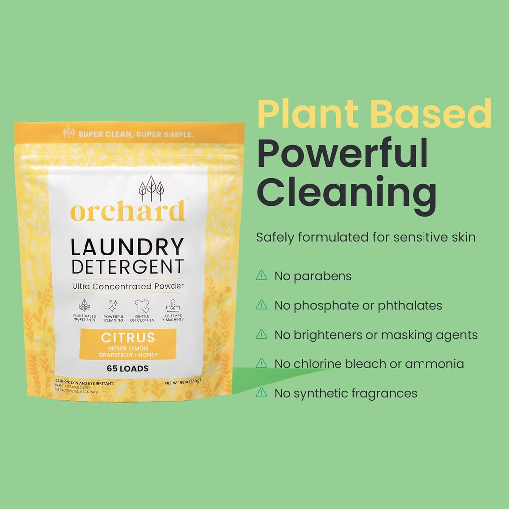 Orchard Laundry Detergent Powder Natural Deep Cleaning Laundry Powder for Sensitive Skin - Citrus - Plant Based Effective Ingredients - 65 Loads - Enzyme-Powered, Eco Friendly Detergent