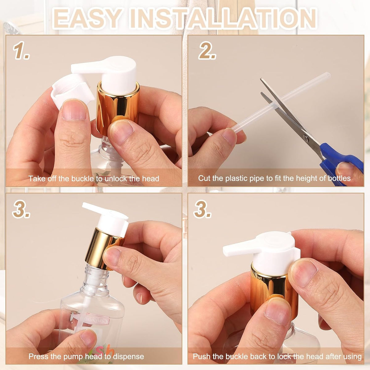 uxcell 2 Pcs Soap Dispenser Pump Heads, Hand Soap Dispensers Top Pumps Replacement Clip-on Pumphead for Standard 24/410 Neck Size Bathroom Lotion Shampoo Bottle, Gold White