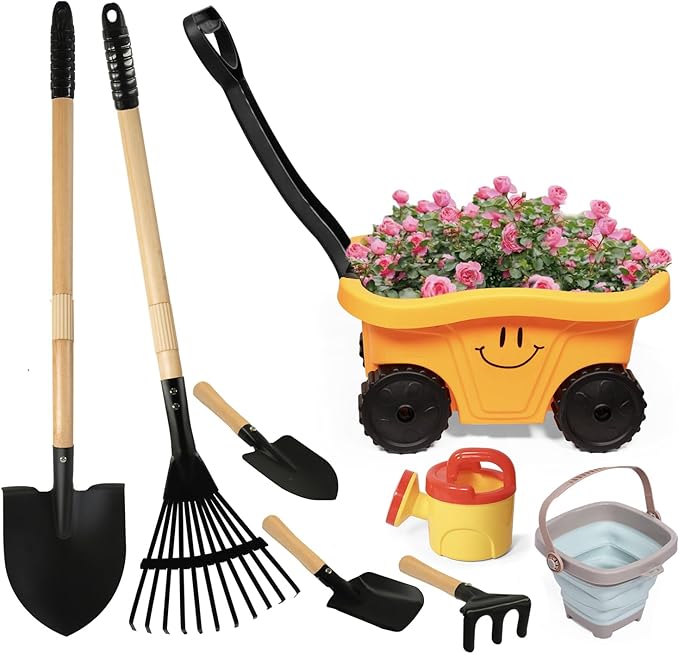 Kids Gardening Tools Set, 8 Pieces, Wagon with Beach and Garden Tools, Shovel, Rake, Outdoor Toys for Kids 3-4 Years Old