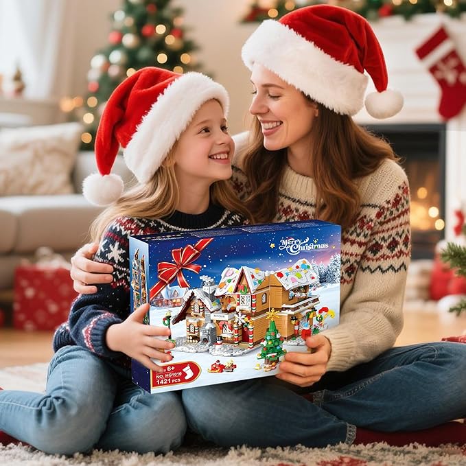 3 Style Christmas Gingerbread House Building Set with Lights - 2025 Christmas Castle Village Building Block Toy with Santa Claus Xmas Tree Train Gifts for Adults Kids Girls Boys Ages 6+ (1477PCS)