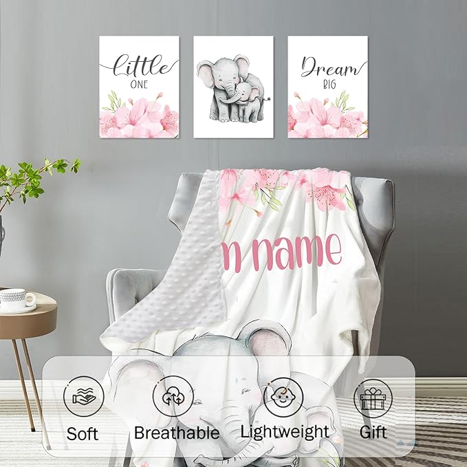 Personalized Baby Crib Bedding Set for Baby Girls, Pink Flower Elephant Design Custom Name Baby Crib Sets 5-Pcs, Toddler Double Layer Blanket Fitted Sheets Changing Pad Cover Rug Wall Art Set