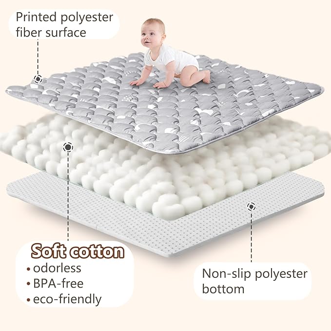 Baby Play Mat, 50x50 Playpen Mat with Super Soft Touch, Activity Mat with Upgraded Anti-Slip Bottom, Machine Washable Crawling Mat for Floor & Picnic (Boho Gray)