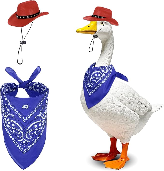 Porch Goose Outfits Western Cowboy Style, Lawn Cement Goose Clothes Outfits for Cement Goose Includes Adjustable Cowboy Hat and Scarf for 23/17″ Outdoor Statue (Blue,Red)