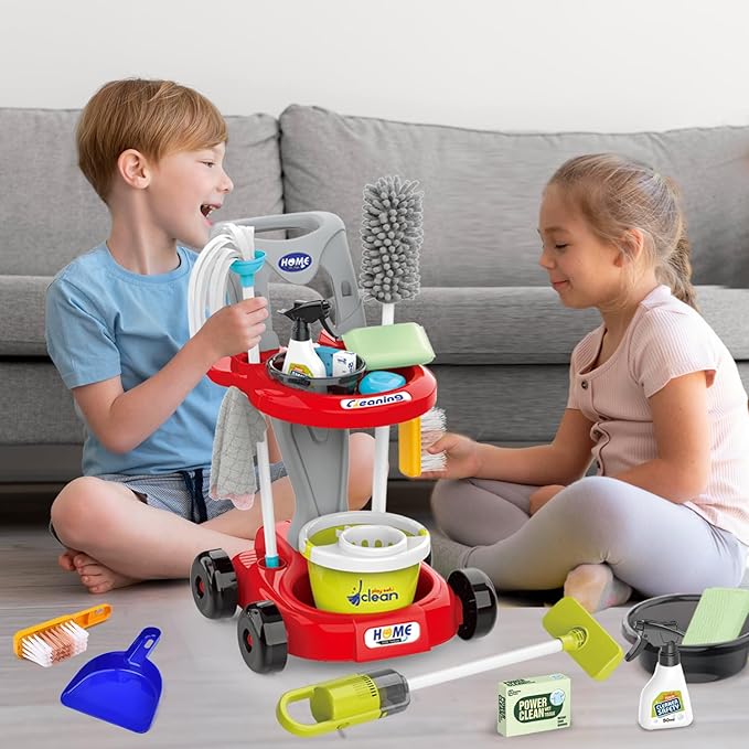 Kids Cleaning Set for Toddlers Pretend Play Housekeeping Supplies Kits with Real Working Vacuum Cleaner, Broom, Spray Bottle, Dust Pan and More Role Play Educational Toys for Toddler Boys Girls (Red)