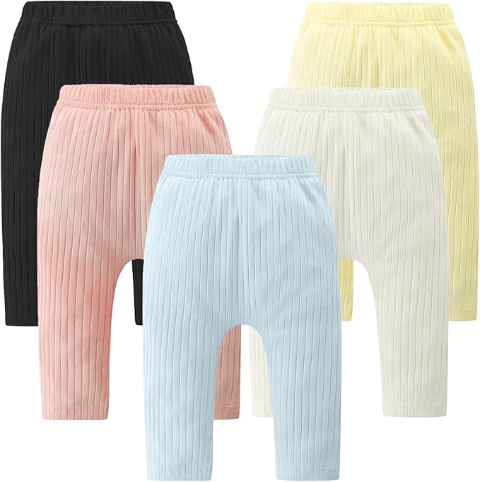 Baby and Toddler Girl's 5 Pack Cotton Ribbed Pull On Pants Leggings 0-4 Years