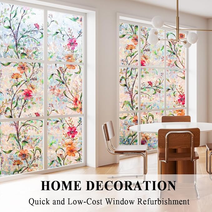 Stained Glass Window Film Static Cling Door Privacy Film Decorative Flowers Green Leaves Window Decals Stickers Heat Control Anti UV for Home and Office,17.5 inches by 78.7 inches