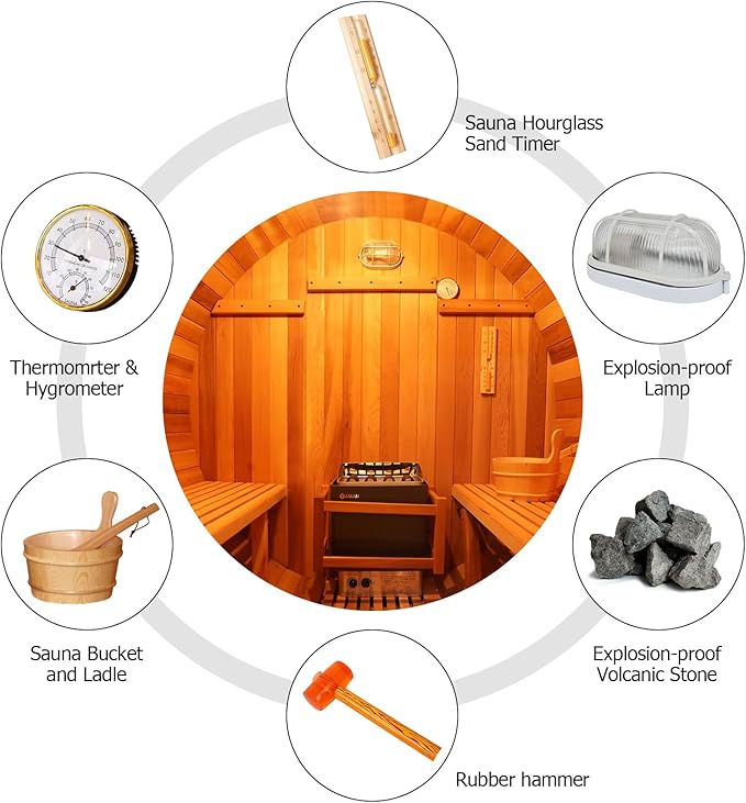 Outdoor Barrel Sauna, 6 Person Wood Steam Saunas Room with Porch, 6kw Toule Electric Heater with Sauna Stone, Canadian Cedar, Roof, 94.48”*70.86“*70.86“ (Cedar)