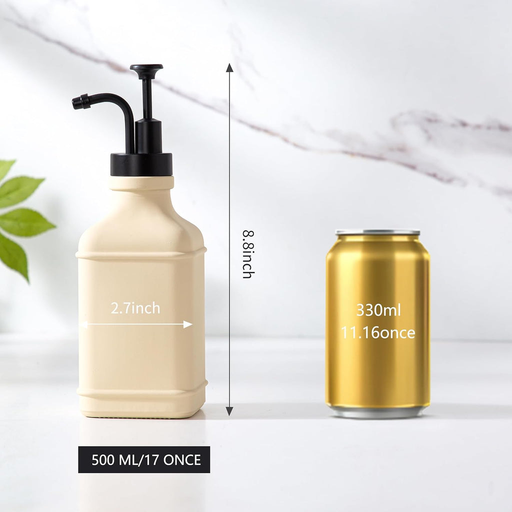 Enra Glass Soap Dispenser with Clear Window,12oz Matte Stainless Steel Hand Pump Dispenser,Hand and Liquid Soap Dispenser Rust Proof Countertop Lotion Bottle (Beige-Square-Liquid)