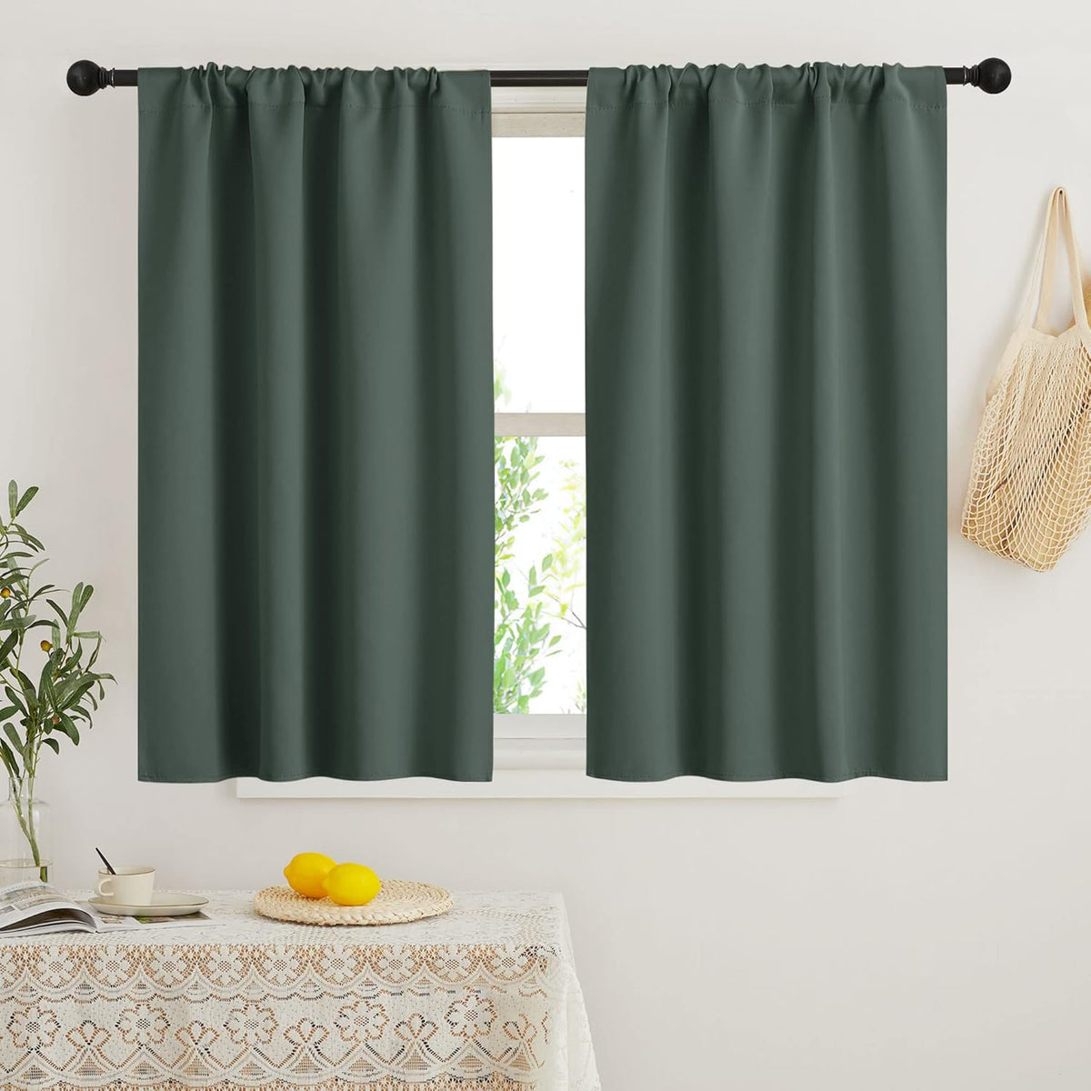 RYB HOME Dorm Curtains Room Darkening, 45 inch Length Privacy Window Treatment Thermal Insulated Covers for Shortage Room Studio Nursery, W34 x L45 inch, 2 Panels, Dark Green